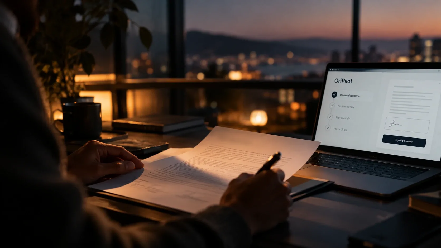 An agent at a desk in the evening, reviewing a paper document beside a laptop.